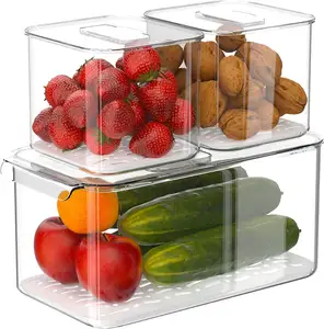 3 Piece Set Removable Drain Tray Fruits and Vegetables food Stackable Refrigerator Organizer Keeper Drawers Bins Baskets