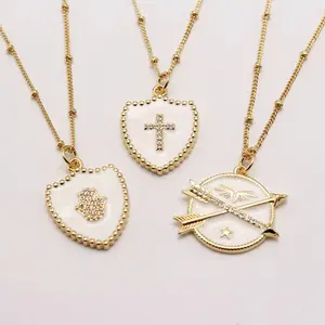 Fashion Shield Pendant Necklace Cubic Zirconia Cross/Hamsa hand/Arrow Charm Choker Dripping Oil Collarbone Beads Chain Women/Men