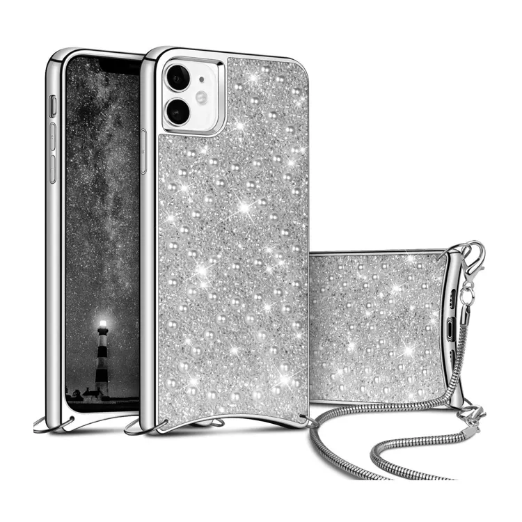 For iPhone 11 Necklace Case,Luxury Women Bling Rhinestone Crossbody Long Chain Phone Case Cover for iPhone 11 Pro Max Fundas