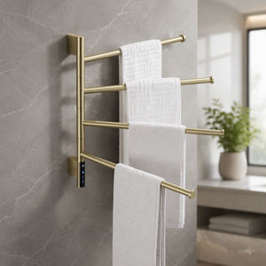 ELOILO Porte-serviettes chauffant électrique rond pour salle de bain, en or brossé, à température réglable verticalement, étanche - Product Image 1