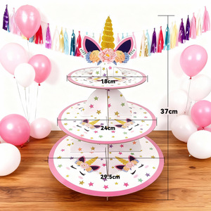 Support à gâteau en papier à trois étages sur le thème de la licorne, 37 cm, pour fête d'anniversaire, présentation de desserts, impression numérique ronde, respectueux de l'environnement - Product Image 1