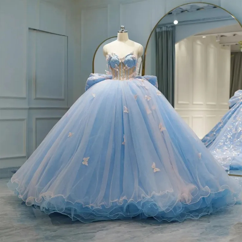 新品 USA SKY BLUE GOWN SMALL…SDE2 Lace and Tulle Off-the-Shoulder Sky Blue Ball Gown 7033SB