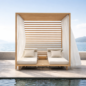Lit de repos double de luxe pour extérieur, en aluminium imitation bois, avec <span class=keywords><strong>rideau</strong></span> et pergola, pour hôtel et <span class=keywords><strong>piscine</strong></span> - Product Image 1