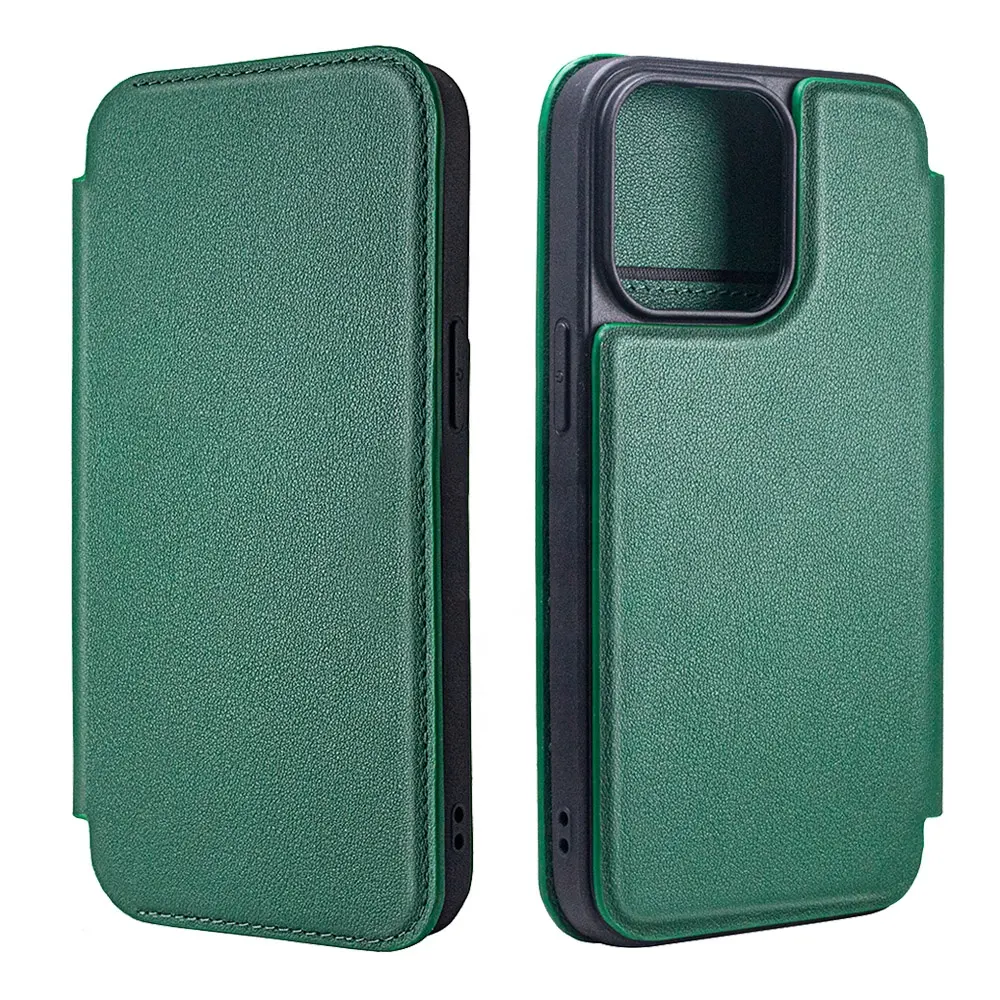 Luxe Lederen Klassieke Retro Groene Lederen Portemonnee Emf Telefoon Case Met 3 Card Slot Geld Clip Voor Iphone 12 13 Pro Max