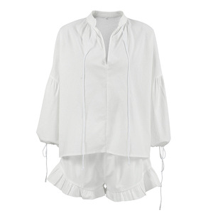 <strong>2026</strong> Spring/Summer European/American Design-Led White <strong>Cotton</strong> Loose Lace-Up Puff-Sleeve Top Shorts Two-Piece Set Women's - Product Image 5