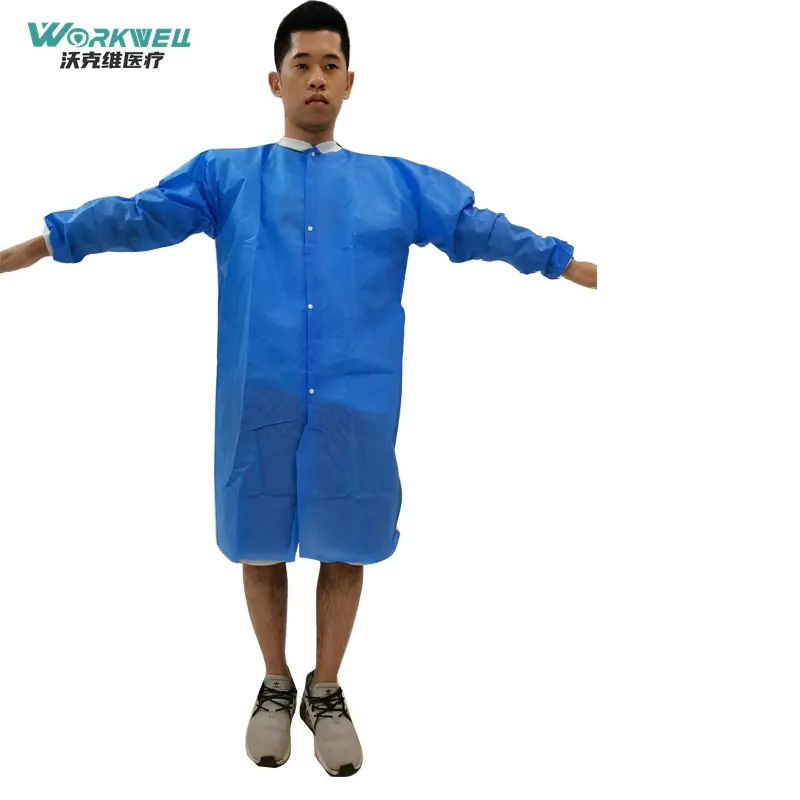 2022 New Arrival EN14126 waterproof lab coat 45gsm SMS PP blue Elastic Cuff Hospital lab Coat gown with Long Sleeved