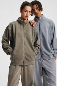 Sudadera con capucha de felpa francesa de algodón de 430 g/m² con cremallera YKK personalizada, de alta calidad, peso pesado, lavada, con patchwork, estampado DTG y bordado, cuello alto. - Product Image 3