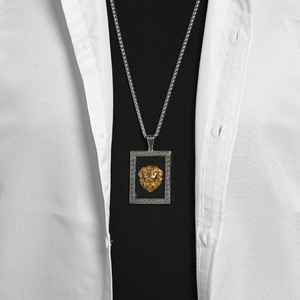Stainless Steel Lion <b>Head</b> Pendant Necklace For Men Rectangular Black Frame Gold Lion Design Hip Hop <b>Style</b> Jewelry - Product Image 3