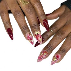 Faux ongles à presser personnalisables, 30 pièces, en gel acrylique souple, rouge bordeaux, forme amande courte, style Spicy Girl du Nouvel An - Product Image 1