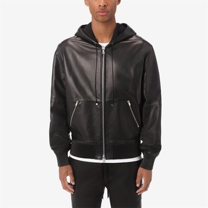 Sudadera con Capucha de Cuero con Cremallera Completa, Bolsillos con Cremallera, <span class=keywords><strong>100</strong></span>% Piel de Cordero, Personalizada OME para Hombre - Product Image 1