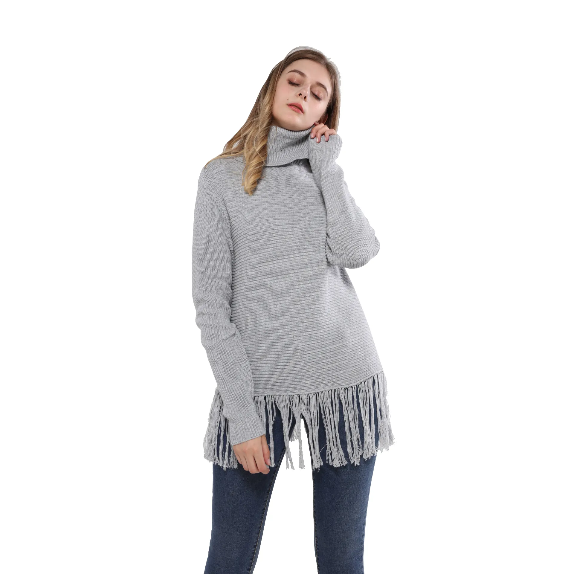 Jiuyan Factory Price Custom Chunky Crew Neck Tassel Long Sleeve Wool Cashmere Cable Women Ladies Warm Knit Sweater