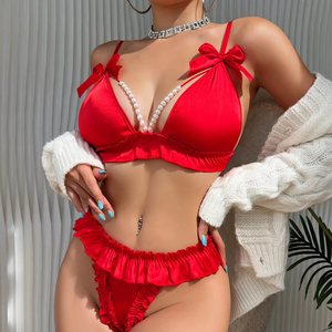 Conjunto de lencería sexy de dos piezas de satén con lazo y perlas, estilo nuevo, para seducción - Product Image 3