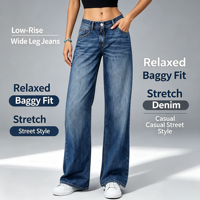 Jean Boyfriend à jambe large pour femme, taille basse, coupe ample, en denim extensible, pour un look de soirée décontracté