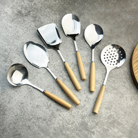Lot de 6 ustensiles de cuisine en gros – Ensemble d'ustensiles de cuisson en acier inoxydable avec manche en bois pour la maison et la restauration