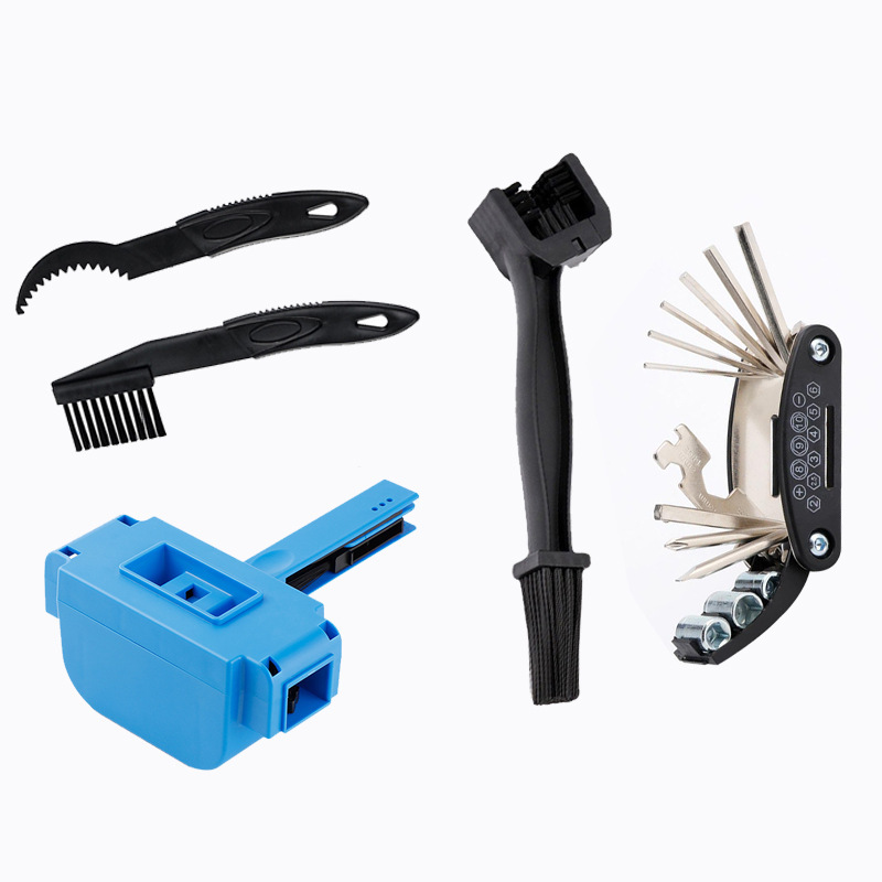 Limpiador de cadenas, cepillo de cadena azul, cepillo pequeño negro, herramienta 16 en 1