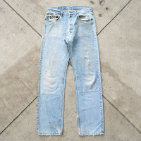 Jeans droits personnalisés en denim épais, avec logo personnalisé, patchs de réparation effet usé, couleur bleu clair, longueur intégrale, plusieurs tailles