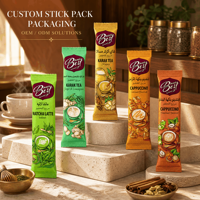 Sachets de Boissons Instantanées Personnalisés en Forme de Barre avec Scellage Thermique pour Café, Matcha Latte, Thé Karak, Cappuccino – Portions Individuelles