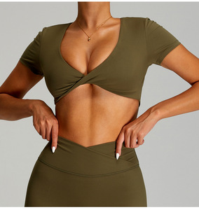 Women Twist Front Deep V <b>Crop</b> Yoga <b>Top</b> Hollow Back Short Sleeve Built In Padded Bra Workout Tee Slim Fit Pilates Athletic Shirt - Product Image 1
