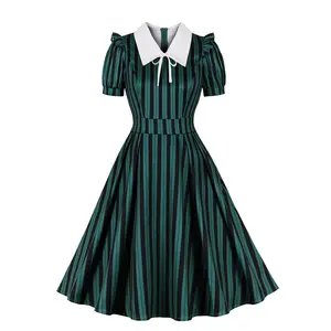 Retro Vintage Swing Casual Dress Green Striped Print manica corta Kawaii Office tunica Midi Dress Runway Prom Dress Female SR1391