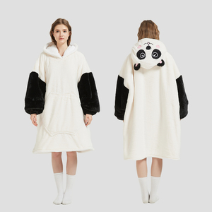 Tùy chỉnh quá khổ mùa đông ấm cúng sang trọng polyester sherpa áo mặc lông cừu hoodie chăn với mũ trùm gấu trúc - Product Image 1