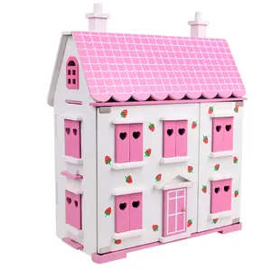 New shape hot sale wooden pink doll house toys wooden toys girl play house wooden pink mini dollhouse toys