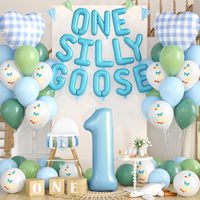 Lot de 46 pièces bleu rose pour fête de révélation du sexe, comprenant un ensemble de ballons lettres « Silly Goose » pour la décoration de la fête du 1er anniversaire de bébé