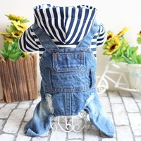 Vêtements pour chien, combinaison à quatre pattes en denim rayé à capuche pour chiens Teddy Bear