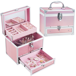 Portable Jewelry Box Lockable <b>Makeup</b> Storage <b>Case</b> with Mirror Bottom Drawer Aluminum Cosmetic Organizer Box - Product Image 6