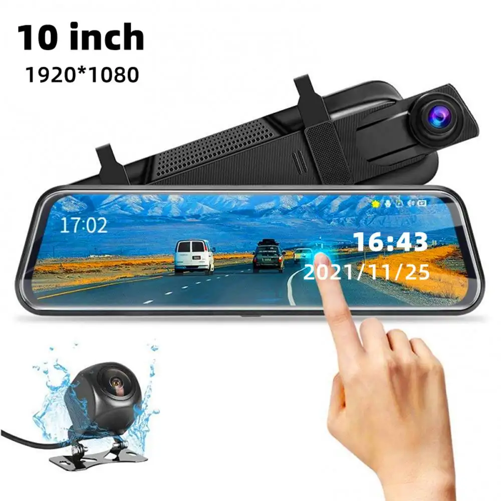 Lensa Ganda 110 Inci Sentuh IPS Dashcam Kamera DVR Mobil Perekam Video dengan Kaca Spion