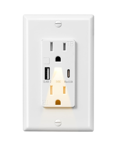 Keygma KU-15TL tường ổ cắm với 2 AC cửa hàng USB A + C 5V 5.0A cổng 15A 125V ánh sáng ban đêm - Product Image 1