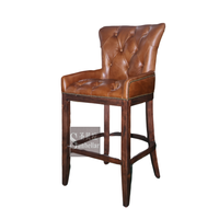 Tabouret de bar bistrot rétro vintage rustique, chaise haute avec boutons anciens, cuir véritable, structure en bois massif, stable, pour hôtel, bar de luxe à domicile