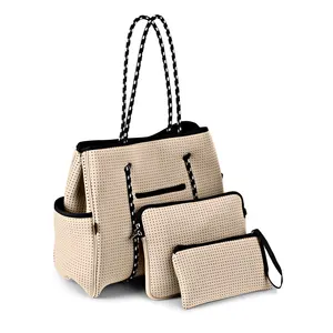 Conjunto de bolso de playa de neopreno perforado para mujer, bolsa de diseñador de estilo minimalista de lujo de gran capacidad, 2023