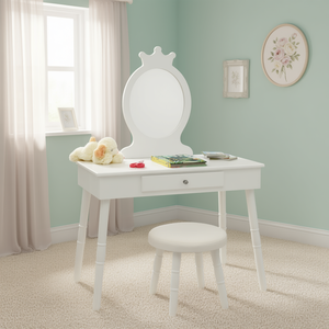 Tocador Infantil DB Kids Blanco Tradicional de Madera con Espejo Ovalado, Taburete Acolchado y Soporte de Piso para Dormitorio - Product Image 2