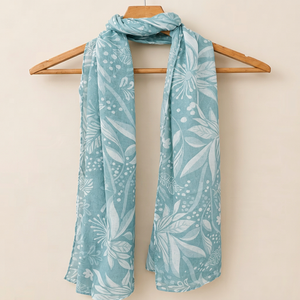 Lightweight Dobby Weave Floral <b>Scarf</b> | Chic Ice Blue Botanical Travel & Commute Wrap - Product Image 2
