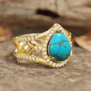 T0898 Women's 18K <b>Gold</b> Filled Cocktail <b>Ring</b> With <b>Turquoise</b> Water Drop Stone Pave Setting Round Brilliant Cut Diamonds Everyday - Product Image 5