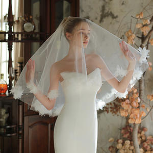 Super fée monocouche voile de mariée blanc <span class=keywords><strong>Vintage</strong></span> mariage Photo chapeaux tissu fleur perle voiles de mariage - Product Image 6