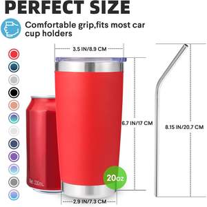 Gobelet isotherme rouge en acier inoxydable 20oz avec couvercle et paille, double paroi isolée, pour café, thé, utilisation extérieure, réutilisable, sans BPA - Product Image 6