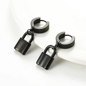 1 Pair Stainless Steel Lock Pendant Hoop <b>Earrings</b> <b>Men</b> Women Gothic Punk <b>Huggie</b> Drop Dangle <b>Earring</b> Jewelry Silver Black Color - Product Image 1