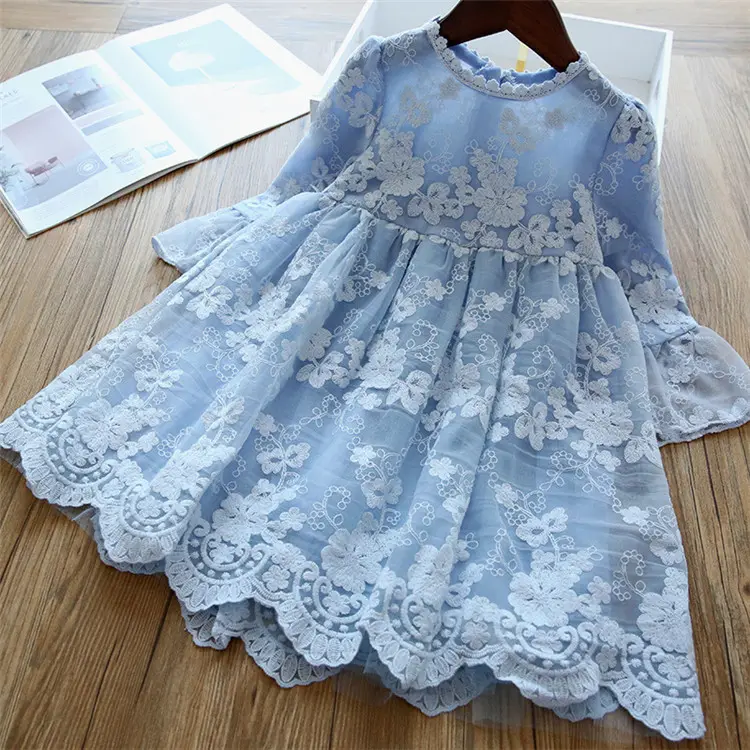 Kids Dresses Full Sleeve Lace Ruffle Design with Embroidery Flower Toddler Girl Clothes Spring Girls Fall Dress Princess Casual
