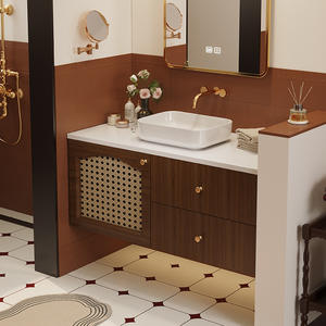 Mueble de baño con espejo redondo pintado en color nogal, estilo chino, de madera maciza, modelo 2026, con lavabo integrado. - Product Image 3