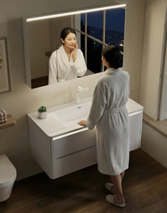 Cream style ceramic integrated basin intelligent <b>lighting</b> defogging mirror storage <b>cabinet</b> bathroom <b>cabinet</b> - Product Image 3