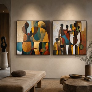 Pintura al Óleo Moderna Figurativa Abstracta Pintada a Mano sobre Lienzo, Decoración de Pared Retro, Líneas Geométricas, Impasto, Contorno, Arte de Pared en Grupo - Product Image 6