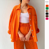 Ensemble 2 pièces décontracté pour femme : chemise boutonnée à manches longues et pantalon large à effet froissé – Vente en gros