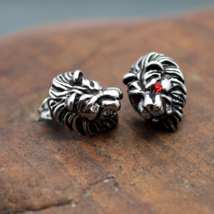 yunnique Lion Head <b>Stud</b> <b>Earrings</b> 316L Stainless Steel Red Zircon Inlay Men's Fashion Jewelry Gift - Product Image 1