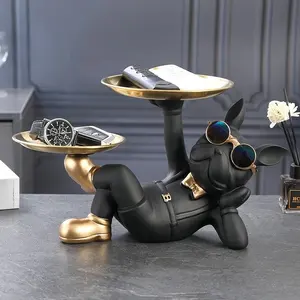 クールな樹脂犬の像黒2かわいいメガネ付きメタルトレイフレンチブルドッグ置物彫刻家の装飾ギフト
