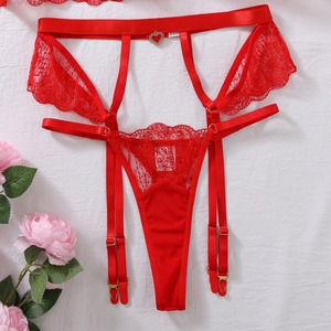 Fashion Embroidery Heart Lingerie <b>Set</b> <b>Sexy</b> Lace See-Through Three-Piece Buckle Leg Strap Bra <b>Set</b> - Product Image 5