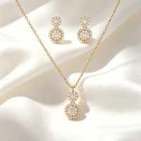 Magnífico Conjunto de Collar y Pendientes con Circonitas Cúbicas Engastadas en Doble Círculo, Cadena Fina de Oro de 14K, Estilo Elegante para Banquete, Joyería al por Mayor para Mujer