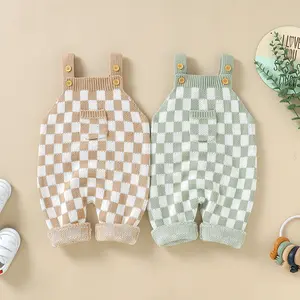 Crochet Pattern Cotton Baby Overall Pants Adjustable Shoulder Belt Unisex Checked Crochet Baby Overalls