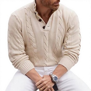 Winter Thin Breathable Anti-Pilling Knitted Polyester Crocheted Turn-<b>down</b> Collar with Front Logo Button Men's Sweater Pullover - Product Image 3