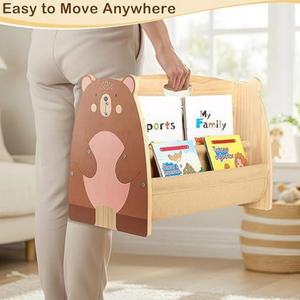 Étagère à livres pour enfants en bois, style Montessori, pour <span class=keywords><strong>chambre</strong></span> de bébé, étagère double face avec 4 niveaux et poches profondes - Product Image 4